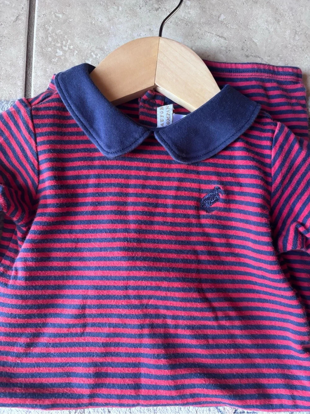 The Beaufort Bonnet Company Striped Red & Navy Kids One-Piece with Navy Collar